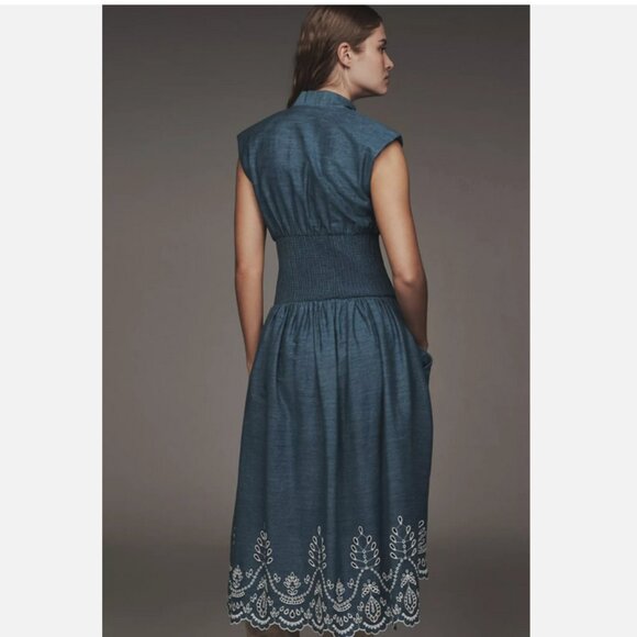 Anthropologie The Tommie Denim Chambray Zip Front Eyelet Trim Dress Blue L NWT - Picture 8 of 8